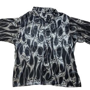 DMC Vintage Button-Down Shirt Mens XXL Black Metallic Silver Flames Skulls Y2K